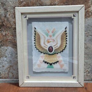 Framed Wall Art Southwest Tribal Eagle Oval Stone Matted Shadow Box Artist Signe